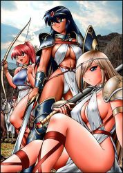 Rule 34 | 3girls, amazon warrior, armor, arrow (projectile), belt, black hair, blue eyes, blue hair, boots, bow, bow (weapon), bracelet, breasts, brown hair, center opening, circlet, cleavage, collar, covered erect nipples, criss-cross halter, cross-laced footwear, dark-skinned female, dark skin, gorget, greaves, green eyes, hair over one eye, halterneck, headband, horse, jewelry, large breasts, loincloth, mountain, multiple girls, muscular, original, pauldrons, photo background, ponytail, quiver, red eyes, red hair, sandals, sheath, shield, shingyouji tatsuya, shoulder armor, sideboob, sitting, sky, standing, sword, thighhighs, vambraces, warrior, weapon
