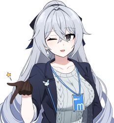 Rule 34 | 1girl, ;d, black gloves, blue jacket, blush, breasts, bronya zaychik, commentary request, gloves, grey eyes, grey hair, grey sweater, hair between eyes, highres, honkai (series), honkai impact 3rd, jacket, lanyard, large breasts, lix (iroiro3843), long hair, looking at viewer, one eye closed, open clothes, open jacket, open mouth, short sleeves, simple background, smile, solo, sweater, upper body, very long hair, white background