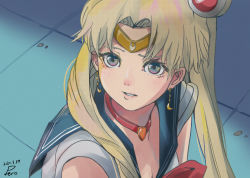 Rule 34 | 1girl, 2020, absurdres, bishoujo senshi sailor moon, blonde hair, blue sailor collar, breasts, choker, circlet, cleavage, crescent, crescent earrings, dated, earrings, grey eyes, grey shirt, hair bun, hair intakes, heart, heart choker, highres, jewelry, long hair, meme, parted lips, peropicnic, red choker, sailor collar, sailor moon, sailor moon redraw challenge (meme), sailor senshi uniform, sailor shirt, shirt, single hair bun, small breasts, solo, twintails, upper body, very long hair