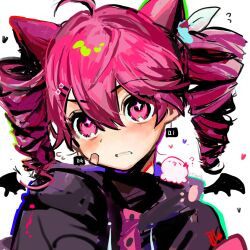 Rule 34 | ahoge, animal ears, bat wings, black jacket, blush, bow, buttons, cat ears, clenched teeth, close-up, drill hair, earrings, hair between eyes, heart, highres, jacket, jewelry, kasane teto, kasane teto (sv), looking at viewer, official alternate costume, parted bangs, pink eyes, portrait, red hair, star (symbol), star in eye, symbol in eye, synthesizer v, tanglaoban1225, teeth, twin drills, utau, wings