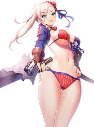 Rule 34 | 1girl, :d, american flag bikini, bikini, breasts, brown gloves, bun cover, choker, fate/grand order, fate (series), fingerless gloves, flag print, front-tie bikini top, front-tie top, gloves, grey eyes, hair bun, hand on own hip, highres, holding, holding sword, holding weapon, large breasts, long hair, long sleeves, looking at viewer, miyamoto musashi (fate), miyamoto musashi (fate/grand order), miyamoto musashi (swimsuit berserker) (fate), miyamoto musashi (swimsuit berserker) (second ascension) (fate), multi-strapped bikini, navel, open mouth, ririko (zhuoyandesailaer), shrug (clothing), sidelocks, simple background, single hair bun, smile, solo, standing, star (symbol), stomach, swimsuit, sword, thigh gap, thighs, v-shaped eyebrows, weapon, white background, white hair