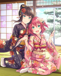 Rule 34 | 2girls, :d, aqua eyes, black hair, blunt bangs, card, closed mouth, commentary request, flower, hair bun, hair flower, hair ornament, hair up, highres, holding, holding card, holding hands, indoors, japanese clothes, kanzashi, kimono, kneeling, kurosawa dia, kurosawa ruby, looking at viewer, love live!, love live! school idol festival, love live! sunshine!!, mole, mole under mouth, multiple girls, obi, open mouth, red hair, revision, sakou mochi, sash, siblings, sidelocks, single hair bun, sisters, sitting, sliding doors, smile, snow, tabi, two side up, wide sleeves
