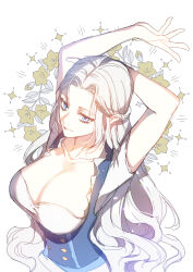 Rule 34 | 1girl, alternate costume, arms behind head, arms up, blue eyes, braid, breasts, cleavage, collarbone, commentary request, final fantasy, final fantasy xiv, from above, gungonim, half updo, highres, korean commentary, large breasts, leaf, long hair, looking at viewer, shirt, short sleeves, simple background, single braid, sketch, smile, solo, sparkle, underbust, upper body, venat (ff14), wavy hair, white background, white hair, white shirt