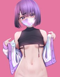Rule 34 | 1girl, bare shoulders, black shirt, bottomless, breasts, clothes lift, eyes visible through hair, hair between eyes, hair ornament, hairclip, harness, highres, jacket, looking at viewer, mask, mouth mask, navel, open clothes, open jacket, original, pink background, purple eyes, purple hair, rryiup, shirt, shirt lift, short hair, simple background, sleeveless, sleeveless shirt, small breasts, solo, stomach, sweat, thighs, white jacket, white mask