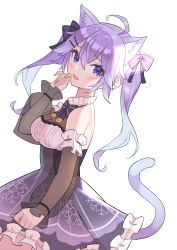 Rule 34 | 1girl, absurdres, ahoge, animal ear fluff, animal ears, aotake iro, black bow, blue eyes, blue hair, bodice, bow, cat ears, cat girl, cat tail, clenched hand, colored inner hair, detached sleeves, hair bow, highres, kemonomimi mode, looking at viewer, multicolored hair, nijisanji, nijisanji kr, nun bora, nun bora (3rd costume), purple bow, purple hair, purple skirt, skirt, solo, tail, twintails, virtual youtuber, white background