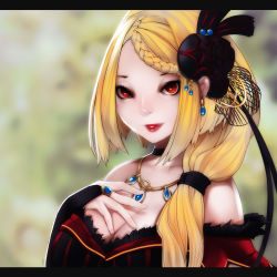 Rule 34 | 10s, 1girl, absurdres, blonde hair, blurry, blurry background, braid, braided bangs, breasts, bridal gauntlets, cleavage, closed eyes, dress, earrings, gem, hair ornament, hair over shoulder, hand on own chest, highres, jewelry, large breasts, letterboxed, long hair, looking at viewer, low ponytail, milk-doll, necklace, off shoulder, parted lips, priscilla barielle, re:zero kara hajimeru isekai seikatsu, red eyes, red lips, ring, shade, sketch, solo, swept bangs, upper body