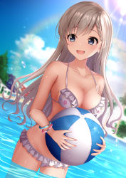 Rule 34 | 1girl, ball, bare shoulders, beachball, bikini, blue eyes, blue sky, blurry, blurry background, blush, braid, braided bangs, breasts, cleavage, cloud, collarbone, commentary request, day, floral print, frills, grey bikini, highres, hisakawa hayate, holding, idolmaster, idolmaster cinderella girls, in water, large breasts, long hair, looking to the side, monaka curl, open mouth, outdoors, sky, smile, solo, swimsuit, wading