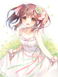 Rule 34 | :d, brown eyes, brown hair, dress, food-themed hair ornament, hair ornament, idolmaster, idolmaster cinderella girls, ogata chieri, open mouth, smile, solo, suimya, twintails, white dress