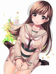 Rule 34 | 10s, 1girl, 8931ponzu, black footwear, blush, breasts, brown hair, brown skirt, brown socks, closed mouth, collarbone, dutch angle, floral background, frown, hands on lap, kantai collection, kneehighs, large breasts, loafers, long hair, looking at viewer, midriff, navel, neckerchief, ooi (kancolle), own hands together, school uniform, serafuku, shoes, simple background, sitting, skirt, socks, solo, swept bangs, thighs, wariza, white background, white neckerchief