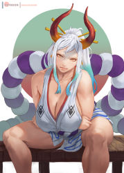 Rule 34 | 1girl, arms under breasts, bare arms, bare legs, bare shoulders, blue hair, breasts, cleavage, closed mouth, collarbone, crossed arms, curled horns, earrings, feet out of frame, green hair, hair ornament, hair stick, head tilt, horns, huge breasts, japanese clothes, jewelry, kimono, leaning forward, light smile, lips, long hair, looking at viewer, multicolored hair, multicolored horns, no pants, one piece, oni, orange horns, patreon logo, patreon username, red horns, rejean dubois, rope, shimenawa, short kimono, sidelocks, sitting, sleeveless, sleeveless kimono, solo, spread legs, watermark, web address, white hair, yamato (one piece)