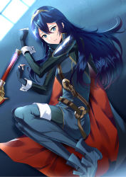 Rule 34 | ameno (a meno0), blue eyes, blue hair, boots, cape, elbow gloves, falchion (fire emblem), fingerless gloves, fire emblem, fire emblem awakening, gloves, hair between eyes, highres, light, long hair, looking at viewer, lucina (fire emblem), nintendo, on floor, on ground, solo, sword, symbol-shaped pupils, tiara, weapon
