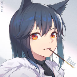 Rule 34 | 1girl, animal ears, arknights, artist name, black hair, black shirt, character name, chinese commentary, commentary request, food, food in mouth, gradient background, grey background, hair between eyes, jacket, long hair, looking at viewer, mouth hold, nian (zhanian), official alternate costume, orange eyes, parted lips, pocky, portrait, shirt, solo, texas (arknights), texas (winter messenger) (arknights), white background, white jacket, wolf ears