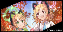Rule 34 | 2girls, :d, animal ear headphones, animal ears, autumn, blonde hair, blue archive, blue sky, bow, cat ear headphones, closed mouth, cloud, day, fake animal ears, green bow, green eyes, green halo, hair bow, halo, headphones, highres, kokage yugure, midori (blue archive), momoi (blue archive), multiple girls, open mouth, outdoors, pink halo, red bow, red eyes, short hair, siblings, sisters, sky, smile, twins, twitter username, upper body