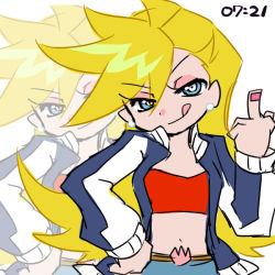 Rule 34 | 10s, 1girl, :p, blonde hair, blue eyes, earrings, fukumitsu (kirarirorustar), hand on own hip, jewelry, long hair, looking at viewer, middle finger, navel, official style, panty &amp; stocking with garterbelt, panty (psg), smile, solo, tongue, tongue out, very long hair, zoom layer