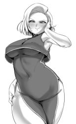 Rule 34 | 1girl, android 18, blush, breasts, closed mouth, clothing request, covered navel, curvy, dragon ball, dragonball z, greyscale, hand on own face, large breasts, looking at viewer, monochrome, rom (20), short hair, smile, solo, thighs
