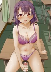 Rule 34 | 1boy, 1girl, bar censor, black thighhighs, blush, bow, bow bra, bow panties, bowtie, bra, breasts, censored, classroom, cleavage, collarbone, commentary request, desk, hair ornament, hairclip, handjob, hetero, indoors, looking at viewer, medium breasts, miel (lessontome), motion lines, navel, on table, open mouth, original, panties, parted lips, penis, photoshop (medium), pov, precum, purple bra, purple hair, purple panties, red eyes, school desk, shiny skin, short hair, sitting, smile, solo focus, table, teeth, thighhighs, tile floor, tiles, underwear, upper teeth only