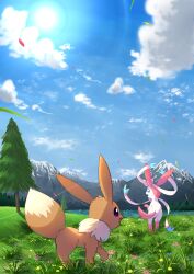 Rule 34 | cloud, commentary request, creatures (company), day, eevee, falling leaves, flower, game freak, gen 1 pokemon, gen 6 pokemon, grass, highres, leaf, nintendo, no humans, outdoors, pokemon, pokemon (creature), sato (i cant do it), sky, standing, sun halo, sylveon, tree