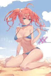 Rule 34 | 10s, 1girl, absurdres, ahoge, aqua eyes, bad id, bad pixiv id, beach, bikini, blue bikini, blue sky, breasts, closed mouth, cloud, covered erect nipples, darling in the franxx, day, highres, looking at viewer, medium breasts, miku (darling in the franxx), navel, red hair, sand, short hair, sitting, sky, solo, swimsuit, twintails, yushe quetzalli