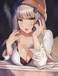Rule 34 | alternate costume, beanie, between fingers, black bra, blunt bangs, blush, bra, breast rest, breasts, brown hat, cigarette, cleavage, collarbone, commentary request, cross hair ornament, eyelashes, fingernails, girls&#039; frontline, green eyes, hair ornament, hat, highres, hk416 (girls&#039; frontline), holding, holding cigarette, holding phone, large breasts, lipstick, long fingernails, long hair, long sleeves, looking at viewer, makeup, nail polish, noixen, off shoulder, open clothes, open shirt, phone, red lips, red nails, ringed eyes, shirt, signature, silver hair, single bare shoulder, solo, straight hair, talking on phone, underwear, upper body, white shirt