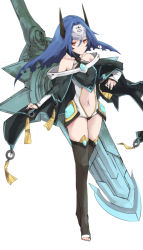 Rule 34 | 1girl, alternate color, alternate hair color, arc system works, bare shoulders, blazblue, blue hair, cape, dizzy (guilty gear), guilty gear, headdress, highres, long hair, mu-12, navel, red eyes, solo, sword, thighhighs, toeless legwear, tugmix, weapon