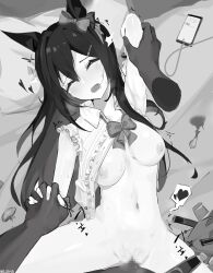 Rule 34 | 1girl, animal ears, bed, breasts, cellphone, censored, commentary request, condom, cum, cum in pussy, hair between eyes, hair ornament, highres, horse ears, horse girl, medium breasts, mejiro dober (umamusume), monochrome, mosaic censoring, navel, open mouth, phone, pillow, pov, pov hands, ribbon, sex, spread legs, tears, umamusume, used condom, user tjft2758