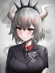 Rule 34 | 1girl, bad id, bad pixiv id, black jacket, black neckwear, breasts, commentary request, cosplay, fate/grand order, fate (series), grey background, helltaker, horns, jacket, jeanne d&#039;arc (fate), jeanne d&#039;arc alter (avenger) (fate), jeanne d&#039;arc alter (fate), large breasts, long sleeves, lucifer (helltaker), lucifer (helltaker) (cosplay), mole, mole under eye, red shirt, shirt, short hair, solo, suou-sensei, upper body, wavy mouth, white horns