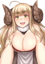 Rule 34 | 10s, 1girl, :d, ahoge, anila (granblue fantasy), bent over, blonde hair, blush, breasts, cleavage, detached collar, draph, granblue fantasy, head tilt, highres, horns, large breasts, long hair, michihasu, open mouth, simple background, smile, solo, thick eyebrows, white background, yellow eyes