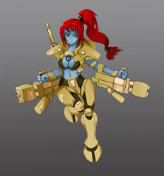 Rule 34 | 1girl, alien, armor, blue skin, breasts, colored skin, dual wielding, female focus, gradient background, green eyes, grey background, gun, holding, linea alba, long hair, medium breasts, no nose, ponytail, red hair, shas&#039;o shaserra, smile, solo, t&#039;au, warhammer 40k, weapon