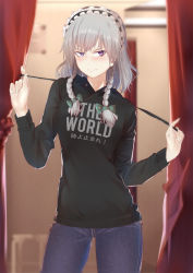 Rule 34 | 1girl, alternate costume, alternate eye color, black hoodie, braid, casual, contemporary, cowboy shot, denim, dot nose, drawstring, english text, extreeme33, highres, hood, hoodie, indoors, izayoi sakuya, jeans, long sleeves, looking to the side, maid headdress, pants, pulling, purple eyes, red curtains, short hair, smile, solo, standing, touhou, translation request, twin braids, v-shaped eyebrows, white hair