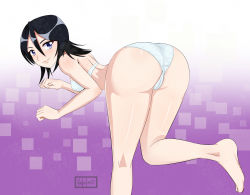 Rule 34 | 1girl, angelox27, ass, barefoot, bent over, black hair, bleach, blush, bra, breasts, cameltoe, from behind, highres, huge ass, kuchiki rukia, leaning, leaning forward, long hair, looking at viewer, looking back, panties, paw pose, purple eyes, shiny skin, sideboob, smile, solo, underwear, underwear only