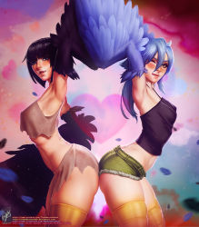 Rule 34 | 2019, 2girls, alternate hair length, alternate hairstyle, armpits, ass, ass-to-ass, black hair, black wings, blue eyes, blue hair, blue wings, blush, breasts, camisole, commentary, covered erect nipples, cowboy shot, crossover, dark souls (series), dark souls iii, dated, english commentary, feathered wings, feathers, from side, hair between eyes, harpy, heart, highres, licking lips, long hair, looking at viewer, monster girl, monster musume no iru nichijou, multiple girls, one eye closed, papi (monster musume), parted lips, pickle pee pump-a-rum crow, realistic, short hair, short shorts, shorts, signature, small breasts, themaestronoob, thighs, tongue, tongue out, trait connection, watermark, web address, winged arms, wings, yellow eyes
