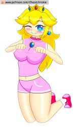Rule 34 | 1girl, blonde hair, blue eyes, breasts, brooch, chaoschrome, covered erect nipples, crown, earrings, highres, hip focus, jewelry, large breasts, long hair, mario (series), nintendo, princess peach, shorts, simple background, solo, super mario bros. 1, thick thighs, thighs, white background