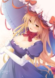 Rule 34 | 1girl, blonde hair, blush, bow, bowtie, breasts, dress, elbow gloves, eyelashes, eyes visible through hair, gloves, grey hat, hair between eyes, hair bow, hands up, hat, highres, holding, holding umbrella, large breasts, long hair, looking at viewer, mob cap, nnyara, open mouth, orange background, petals, puffy short sleeves, puffy sleeves, purple dress, red bow, red bowtie, short sleeves, smile, solo, standing, touhou, umbrella, white background, white gloves, yakumo yukari, yellow eyes