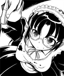 Rule 34 | 1girl, blush, breasts, brush, from above, glasses, greyscale, kubocha, looking up, maid, monochrome, original, solo