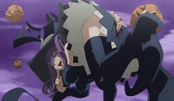 Rule 34 | 1girl, absurdres, ass, blair (soul eater), boots, breasts, fang, hat, high heel boots, high heels, highres, inker comics, long hair, looking at viewer, medium breasts, pumpkin, purple hair, skirt, smile, solo, soul eater, thigh boots, thighhighs, witch hat, yellow eyes
