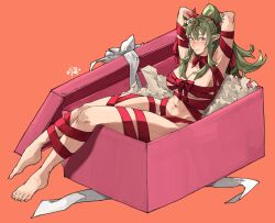 Rule 34 | 1girl, arms up, barefoot, blush, breasts, christmas, christmas present, cleavage, closed mouth, commentary, english commentary, feet, fire emblem, fire emblem awakening, full body, gift, green eyes, green hair, hair ornament, highres, jewelry, large breasts, long hair, looking at viewer, naked ribbon, navel, nintendo, pointy ears, ponytail, ribbon, sakuremi, sitting, smile, solo, tiara, tiki (adult) (fire emblem), tiki (fire emblem), toes