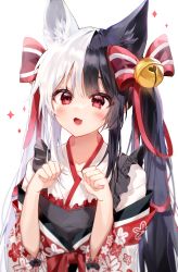Rule 34 | 1girl, :d, absurdres, alice mana, animal ear fluff, animal ears, bell, black hair, blush, bow, floral print, fox ears, hair bell, hair bow, hair ornament, hair ribbon, highres, indie virtual youtuber, iop5509, japanese clothes, jingle bell, kimono, long hair, multicolored hair, open mouth, paw pose, red bow, red eyes, red ribbon, ribbon, smile, solo, sparkle, split-color hair, twintails, two-tone hair, upper body, virtual youtuber, white hair, white kimono