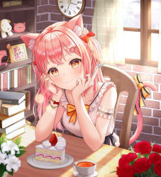 Rule 34 | 1girl, :3, animal ear fluff, animal ears, bare shoulders, blurry, blurry foreground, blush, book, bookshelf, bow, brick wall, cake, cake slice, cat ears, cat girl, cat tail, clock, closed mouth, collarbone, commentary request, cup, curtains, day, depth of field, fang, fang out, flower, food, fork, funii, hair bow, hands up, highres, holding, holding fork, indoors, long hair, looking at viewer, original, photo (object), pink hair, plate, red bow, red flower, roman numeral, saucer, shirt, sleeveless, sleeveless shirt, smile, solo, sunlight, tail, tail bow, tail ornament, tail raised, tea, teacup, two side up, wall clock, white flower, white shirt, window, yellow bow