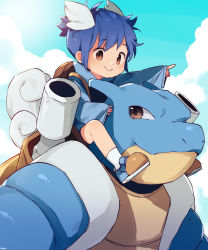 Rule 34 | 1boy, :&gt;, backpack, bag, blastoise, blue footwear, blue hair, blue shirt, blue sky, blue theme, carrying, child, closed mouth, cloud, commentary, creatures (company), day, english commentary, game freak, gen 1 pokemon, head wings, highres, looking afar, looking at another, male focus, nemui (nemuriyagi), nintendo, orange eyes, outstretched arm, personification, pointing, pokemon, pokemon (creature), shirt, shoes, shoulder carry, side slit, sky, sleeves past wrists, socks, tail, wartortle, wings