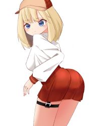 Rule 34 | 1girl, ass, blonde hair, blouse, blue eyes, breasts, detective, hat, highres, hololive, hololive english, holomyth, looking back, shirt, short hair, simple background, skaarl (artist), skirt, solo, thighs, virtual youtuber, watson amelia, white background, white shirt