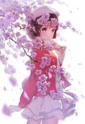 Rule 34 | 1girl, bloom, branch, brown hair, dress, duoyu zhuan qing, flower, hat, highres, jacket, katou megumi, letter, long sleeves, looking at viewer, love letter, open clothes, open jacket, peach blossom, petals, red eyes, red jacket, saenai heroine no sodatekata, sash, short dress, short hair, simple background, smile, solo, white background, white dress, white hat, wind