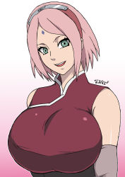 Rule 34 | 1girl, alternate breast size, breasts, facial mark, female focus, forehead jewel, forehead mark, forehead protector, gigantic breasts, gradient background, green eyes, hairband, haruno sakura, headband, highres, huge breasts, konohagakure symbol, looking at viewer, naruho, naruto, naruto: the last, naruto (series), open mouth, pink hair, simple background, smile, solo, tagme, upper body