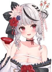 Rule 34 | 1girl, absurdres, bare shoulders, breasts, cleavage, grey hair, highres, hololive, large breasts, looking at viewer, medium hair, open mouth, red eyes, sakamata chloe, simple background, solo, suineco, virtual youtuber