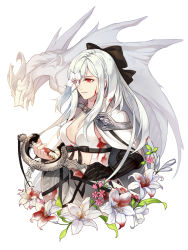 Rule 34 | 1girl, blood, bow, breasts, cleavage, drag-on dragoon, drag-on dragoon 3, dragon, flower, flower eyepatch, flower over eye, gauntlets, hair bow, kllsiren, lily (flower), long hair, mikhail (drag-on dragoon), red eyes, simple background, smile, sword, weapon, white background, white hair, zero (drag-on dragoon)