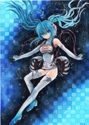 Rule 34 | 1girl, aqua eyes, aqua hair, boots, checkered background, color ink (medium), elbow gloves, floating hair, full body, gloves, goodsmile company, goodsmile racing, hatsune miku, headphones, long hair, mosho, painting (medium), race queen, racing miku, racing miku (2014), smile, solo, thigh boots, thighhighs, traditional media, twintails, vocaloid, watercolor (medium)