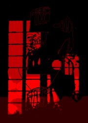 Rule 34 | 1girl, black theme, female focus, flandre scarlet, monochrome, red theme, silhouette, sitting, solo, touhou, window, yoshioka yoshiko