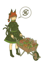 Rule 34 | 1girl, :&lt;, animal ears, arrow (symbol), bow, braid, brown eyes, cat ears, cat girl, cat tail, dress, female focus, flat color, flower, full body, hair bow, kaenbyou rin, loafers, multiple tails, recycling symbol, red hair, shoes, simple background, socks, solo, sunflower, tail, touhou, twin braids, uewtsol, wheelbarrow, white background