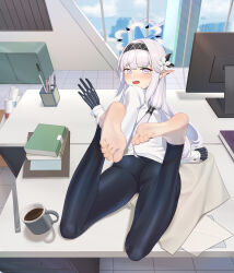 Rule 34 | 1girl, absurdres, ass, barefoot, blue archive, blush, coffee mug, cup, desk, feet, hairband, highres, himari (blue archive), purple eyes, long hair, looking at viewer, lying, mug, office, on stomach, open mouth, pointy ears, silver hair, soles, toes