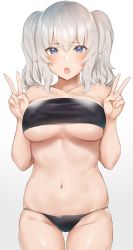 Rule 34 | 1girl, bandeau, bare shoulders, bikini, black bikini, blue eyes, breasts, commentary request, cowboy shot, double v, gradient background, grey background, grey hair, highres, kantai collection, kashima (kancolle), large breasts, long hair, looking at viewer, navel, open mouth, shiny skin, simple background, skindentation, solo, swimsuit, twintails, underboob, usa b, v