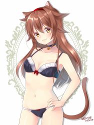Rule 34 | 1girl, animal ears, black bra, black choker, black panties, bra, breasts, brown eyes, brown hair, cat ears, cat tail, choker, commentary request, cowboy shot, hair flaps, hairband, hand on own hip, highres, joujou, kantai collection, kemonomimi mode, long hair, looking at viewer, one-hour drawing challenge, panties, red hairband, remodel (kantai collection), shiratsuyu (kancolle), small breasts, solo, tail, twitter username, underwear, white background